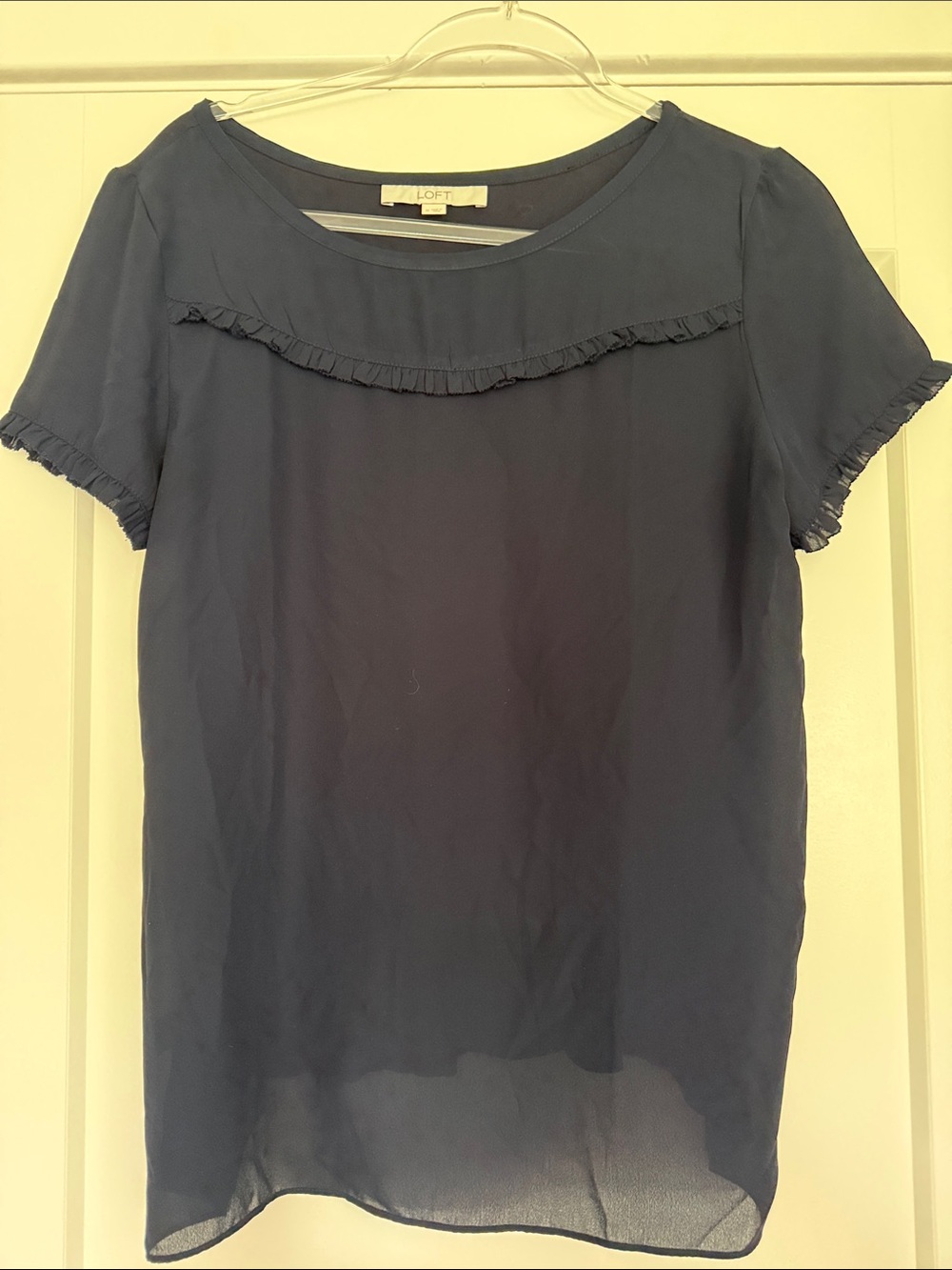 LOFT Navy Short-Sleeve Ruffle Yoke Blouse